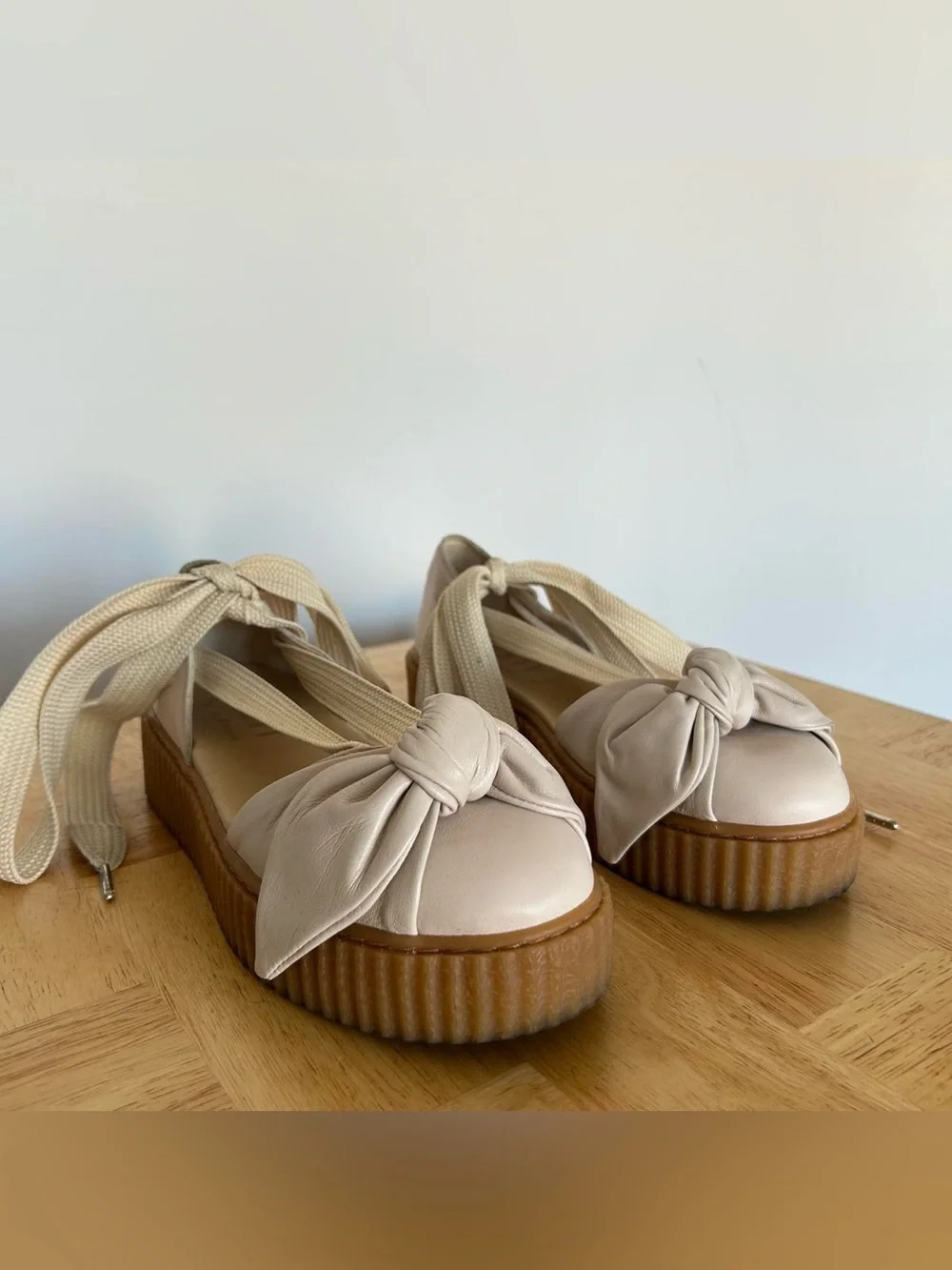Puma X Fenty Cream Leather Bow Platform Creeper Sandals